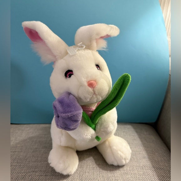 White Plush 16 Inch Bunny with Purple Flower - Picture 4 of 14